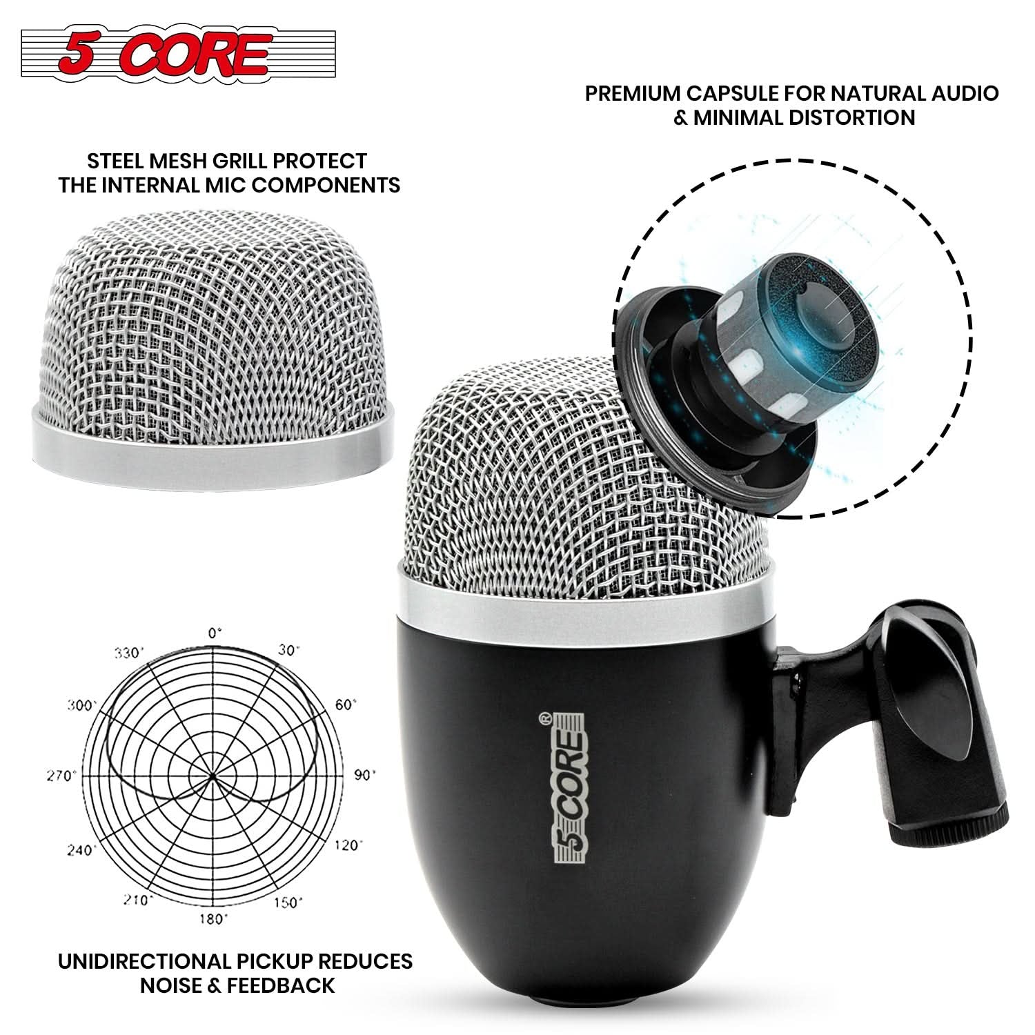 5Core Conga Mic Snare Tom Microphone Drum Kit Condenser XLR Instrument Mics BLACK