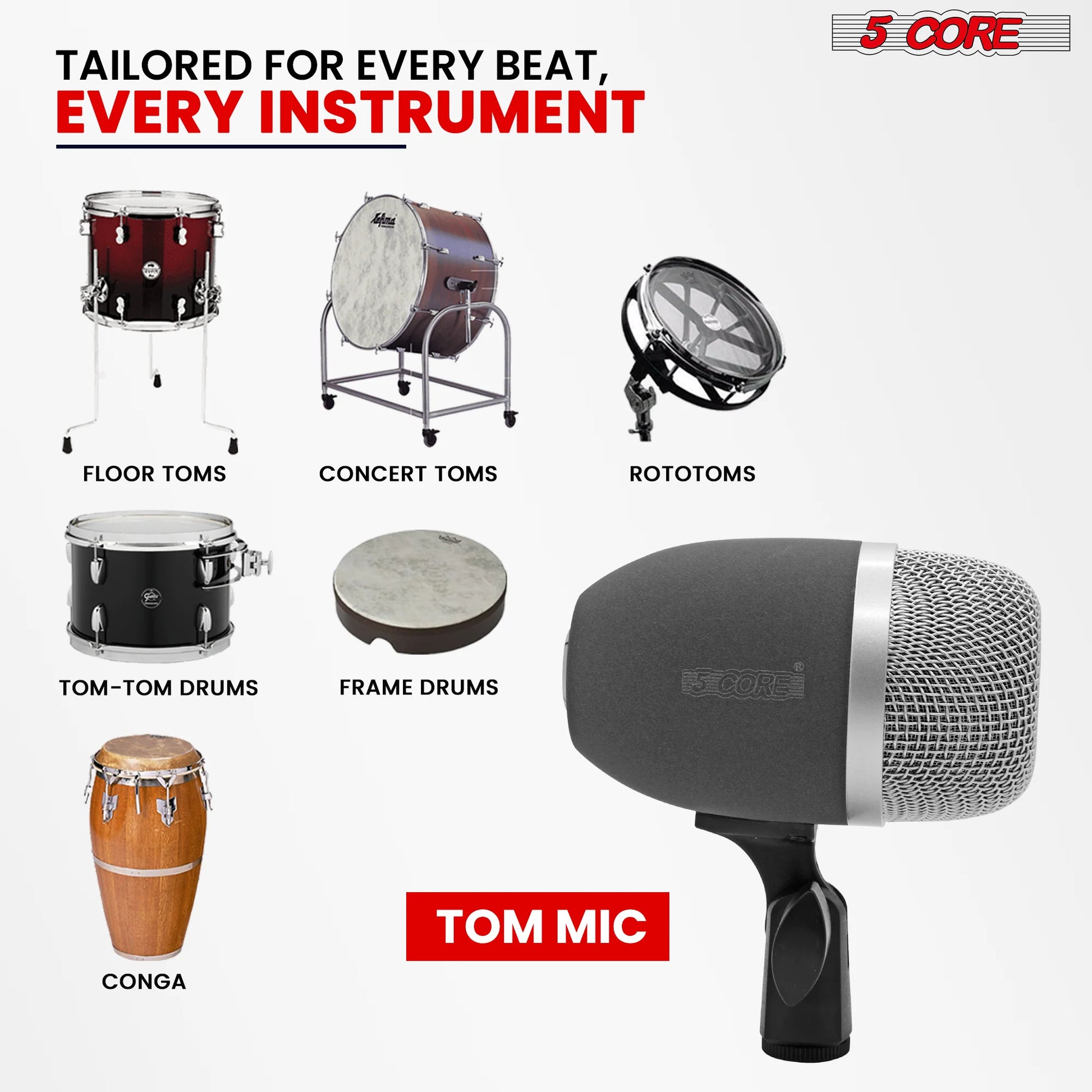 5 Core Tom Snare Mic Cardioid Dynamic Microphone for Drum Kit Precision Instrument GRAY