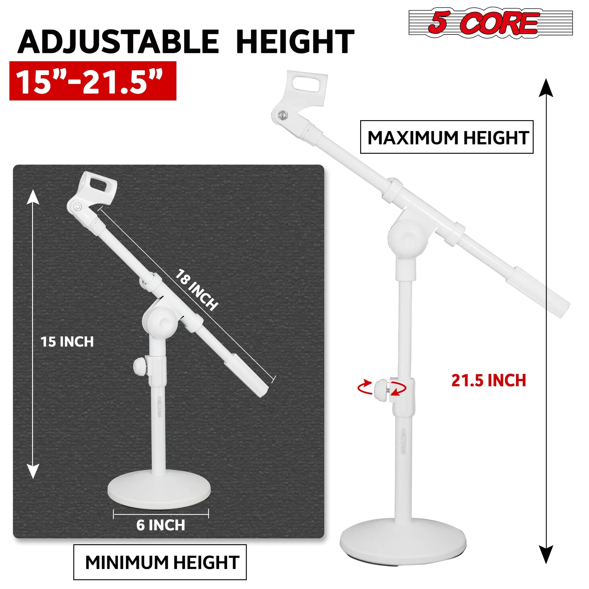 5Core round Base Desktop Mic Stand Universal Desk Microphone Holder Table Top Stands White