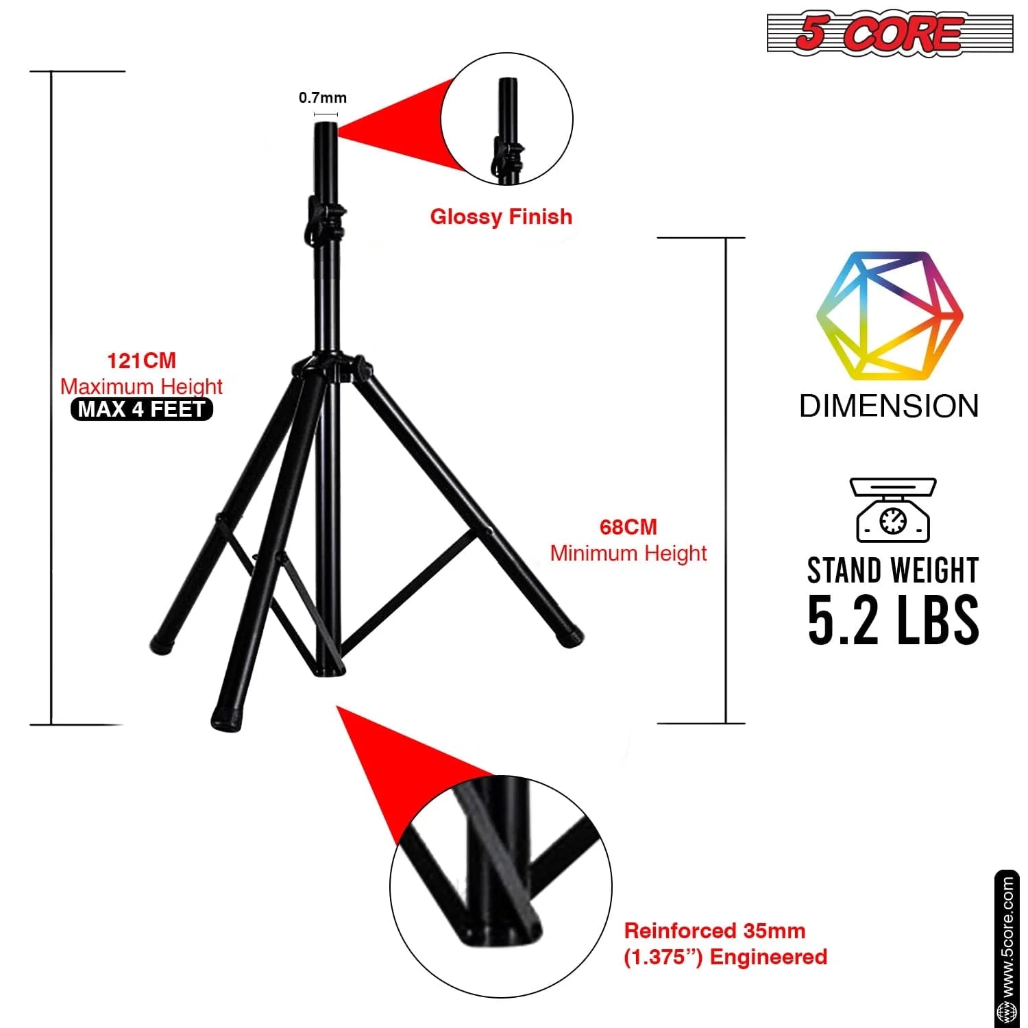 5 Core Speaker Stand Tripod Floor Adjustable up to 48 Inch DJ Studio Monitor Stands Pole Mount Pair BLACK