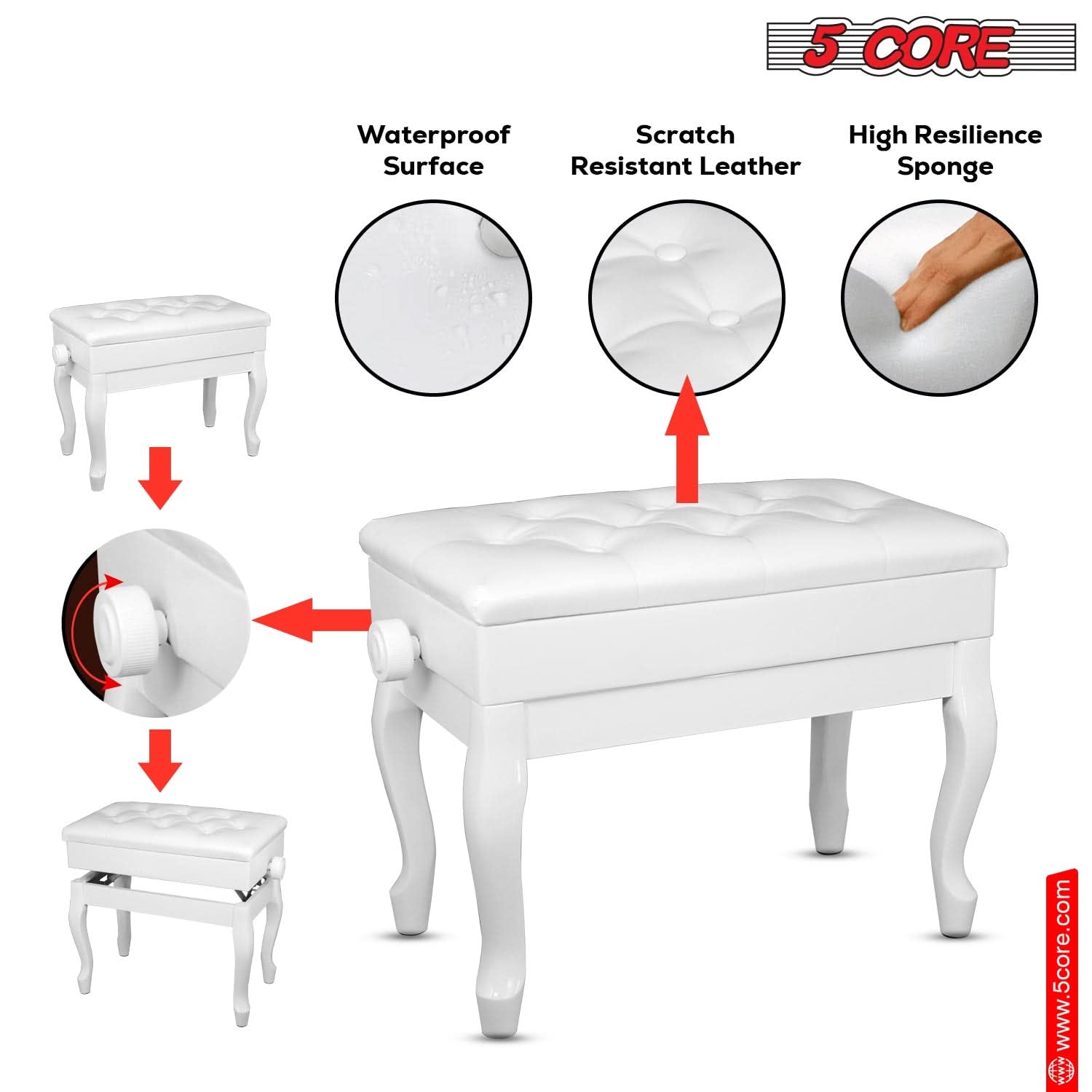 5 Core Piano Bench Wooden Height Adjustable Stool Heavy Duty Keyboard Seat with Storage WHITE