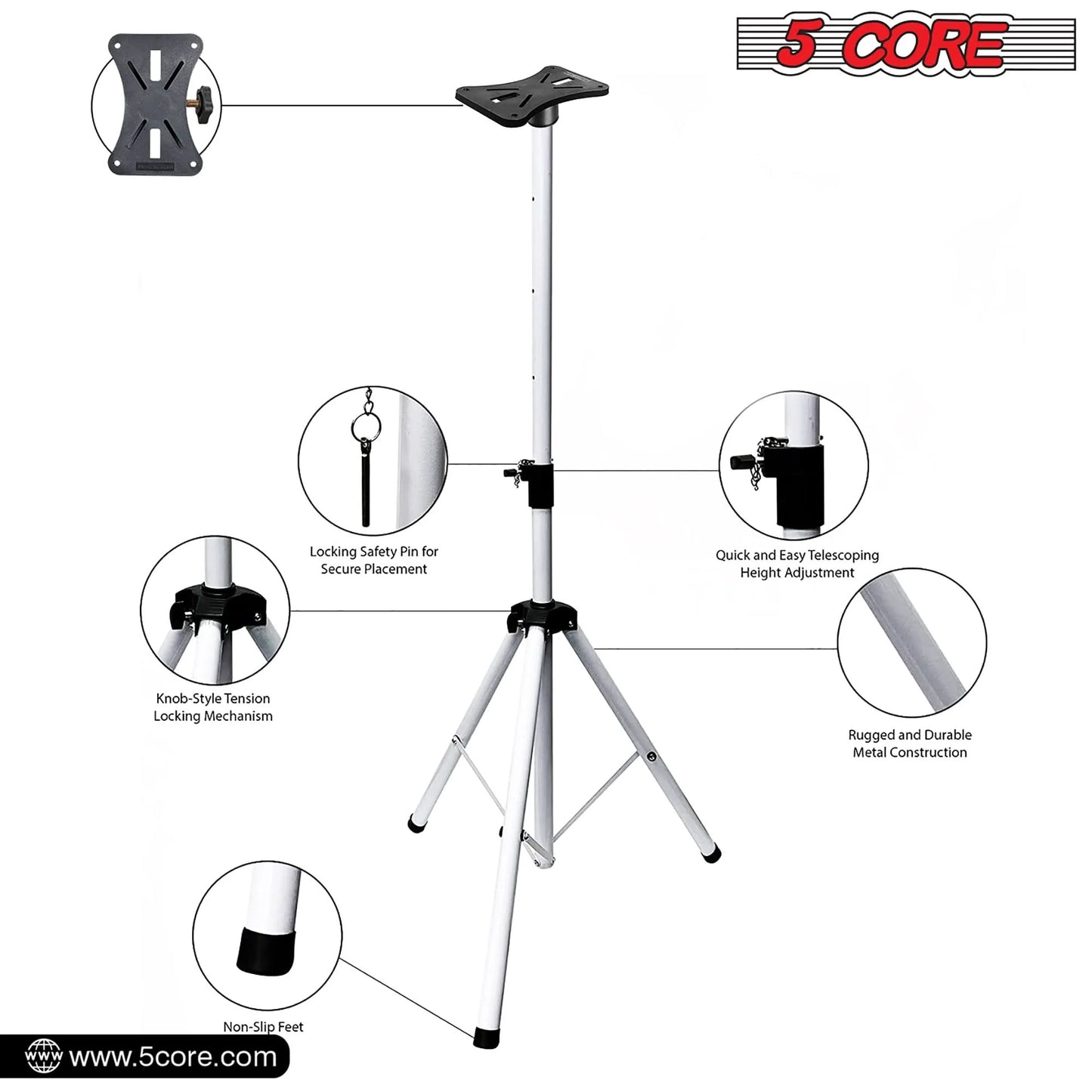 5Core Speaker Stand Tripod Tall Adjustable 72 Inch DJ Studio Monitor Stands Pole Mount WHITE