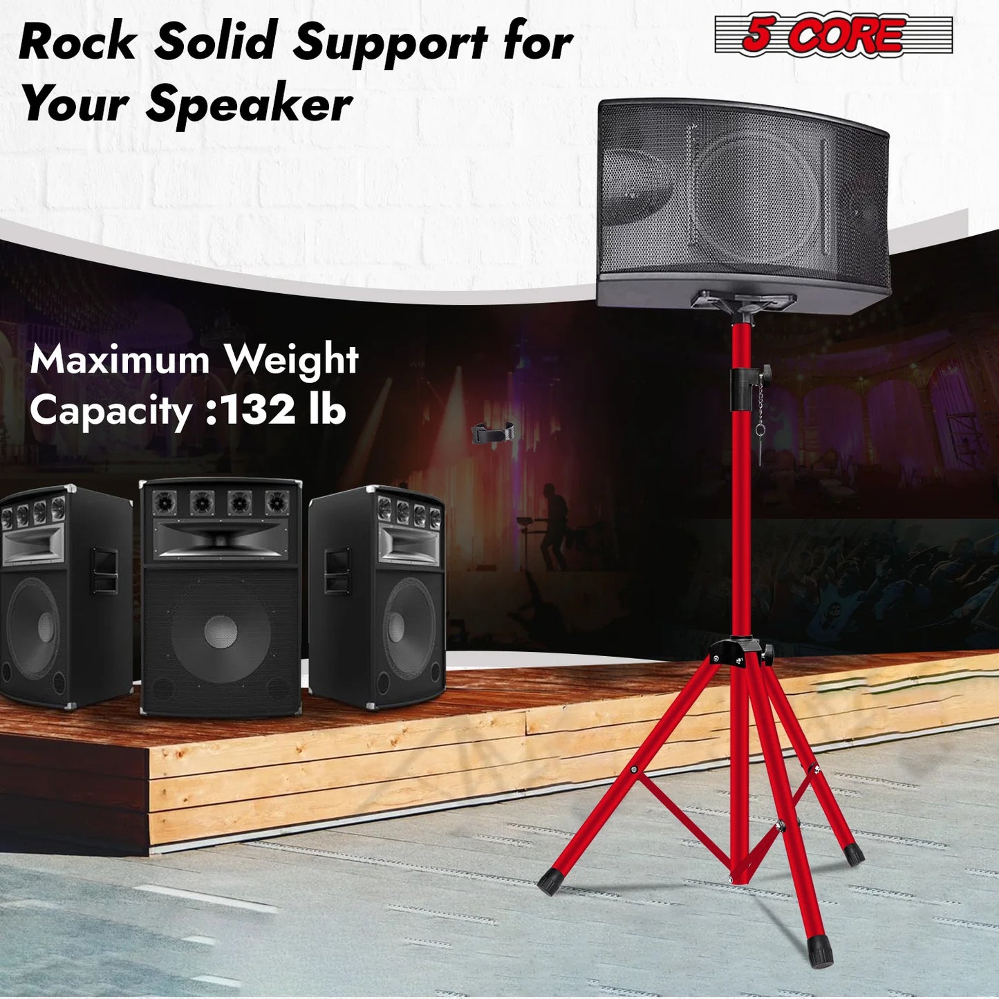 5Core Speaker Stand Tripod Tall Adjustable 72 Inch DJ Pole Mount Studio Monitor Stands RED