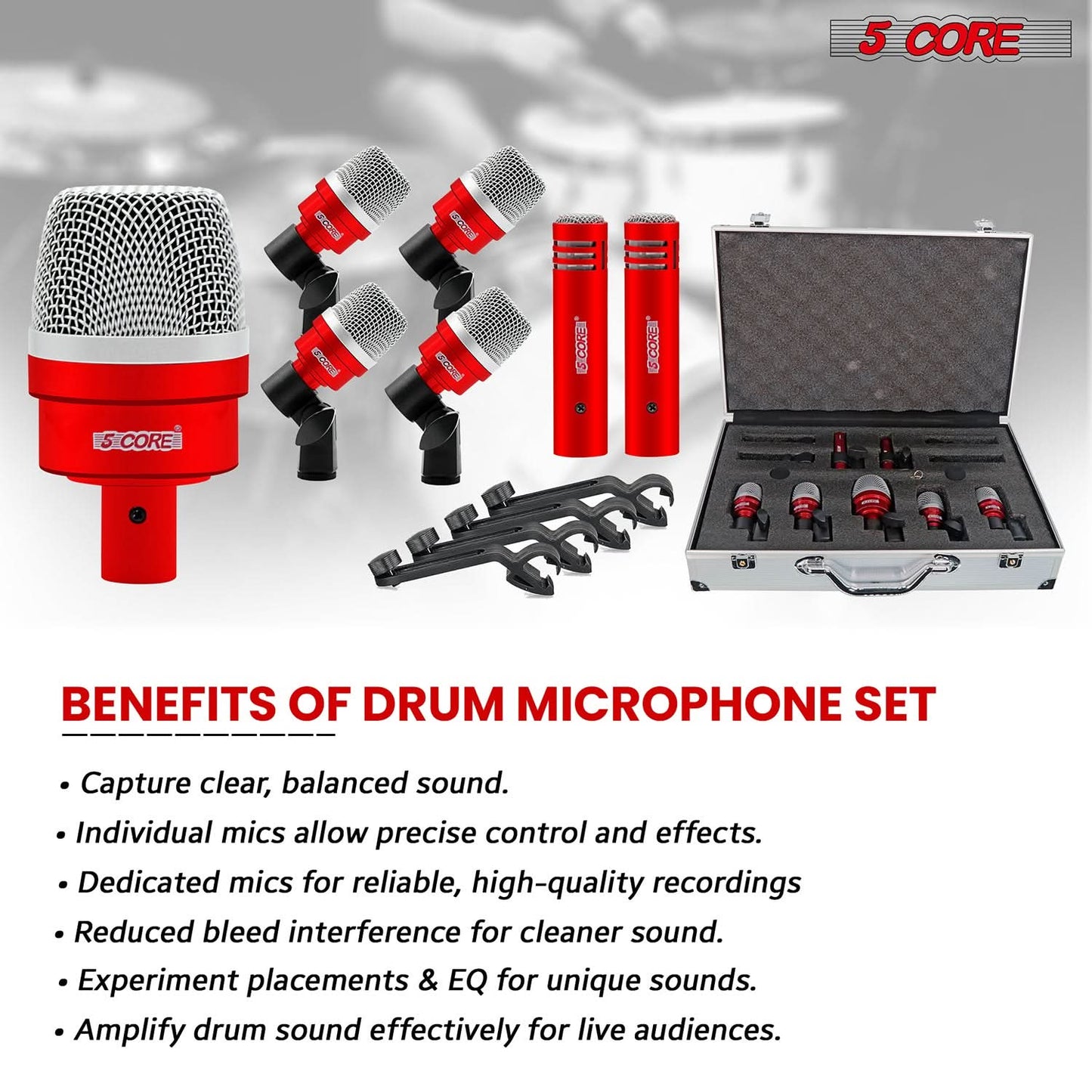 5Core Drum Mic Kit 7 Pcs Kick Basstom Snare Dynamic Microphone Instrument Mics Set Red