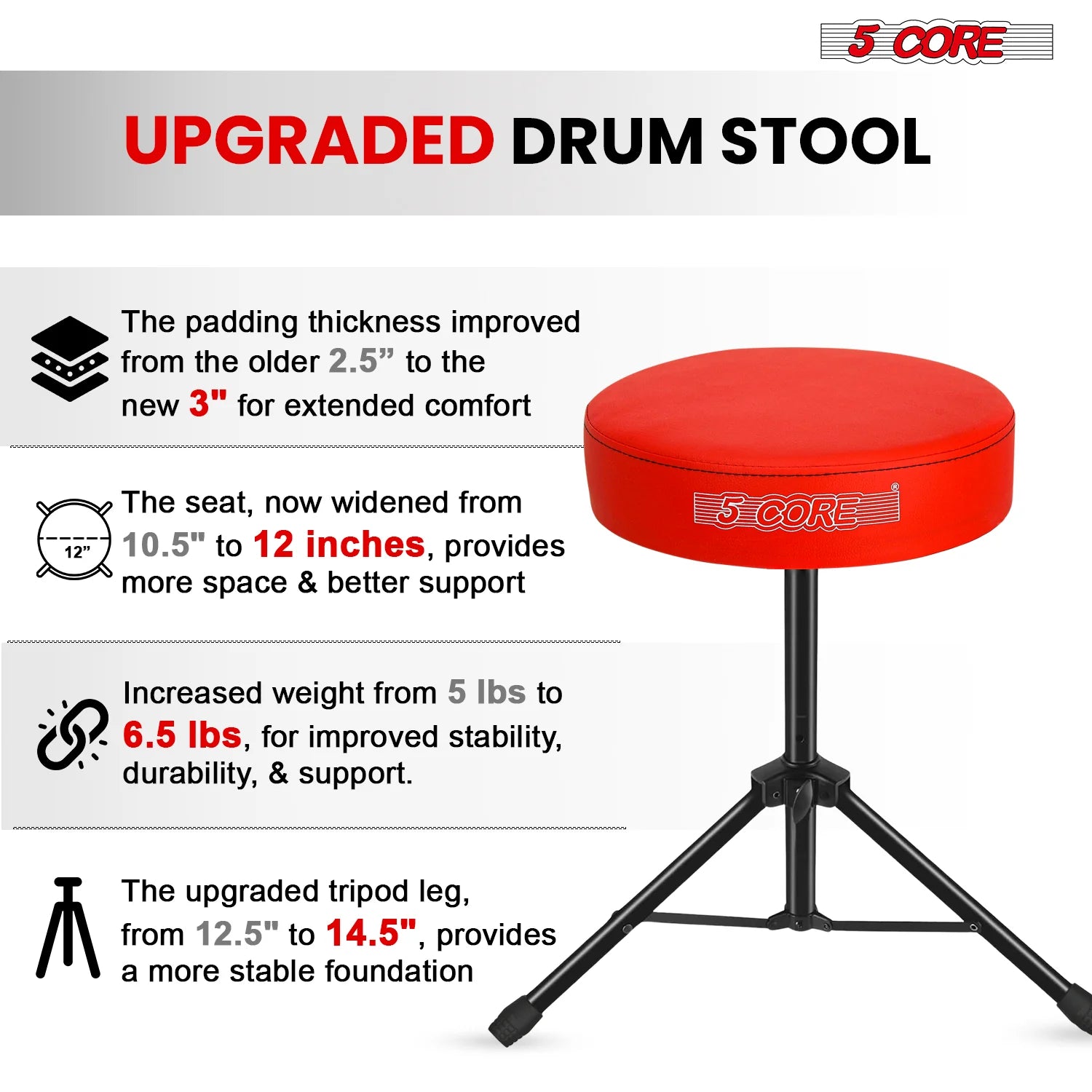 5Core Drum Throne Adjustable Guitar Stool Padded Drummer Seat for Adults & Kids RED