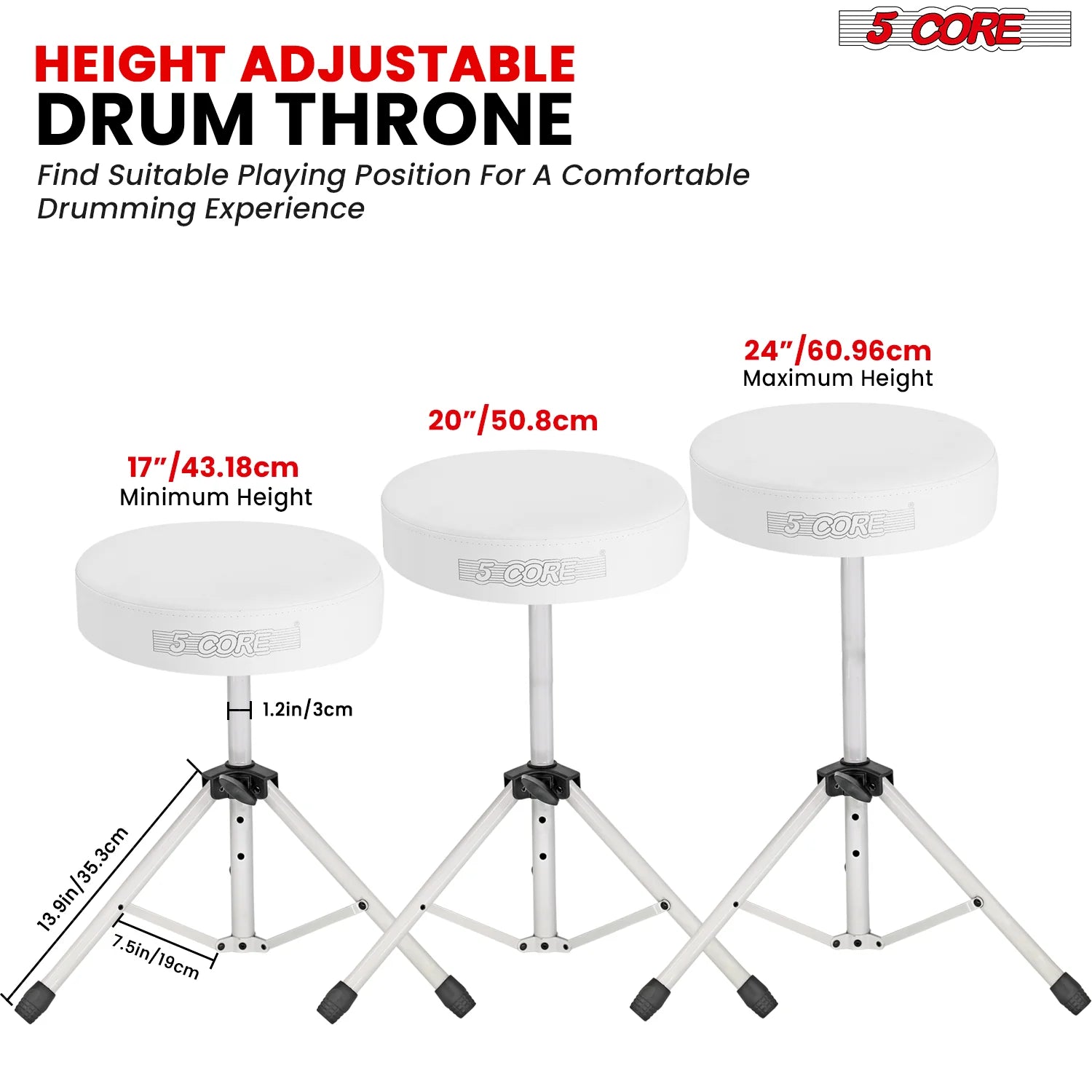 5Core Drum Throne Adjustable Guitar Stool Padded Drummer Seat for Adults & Kids WHITE