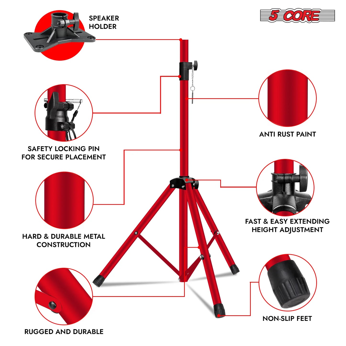 5Core Speaker Stand Tripod Tall Adjustable 72 Inch DJ Pole Mount Studio Monitor Stands RED