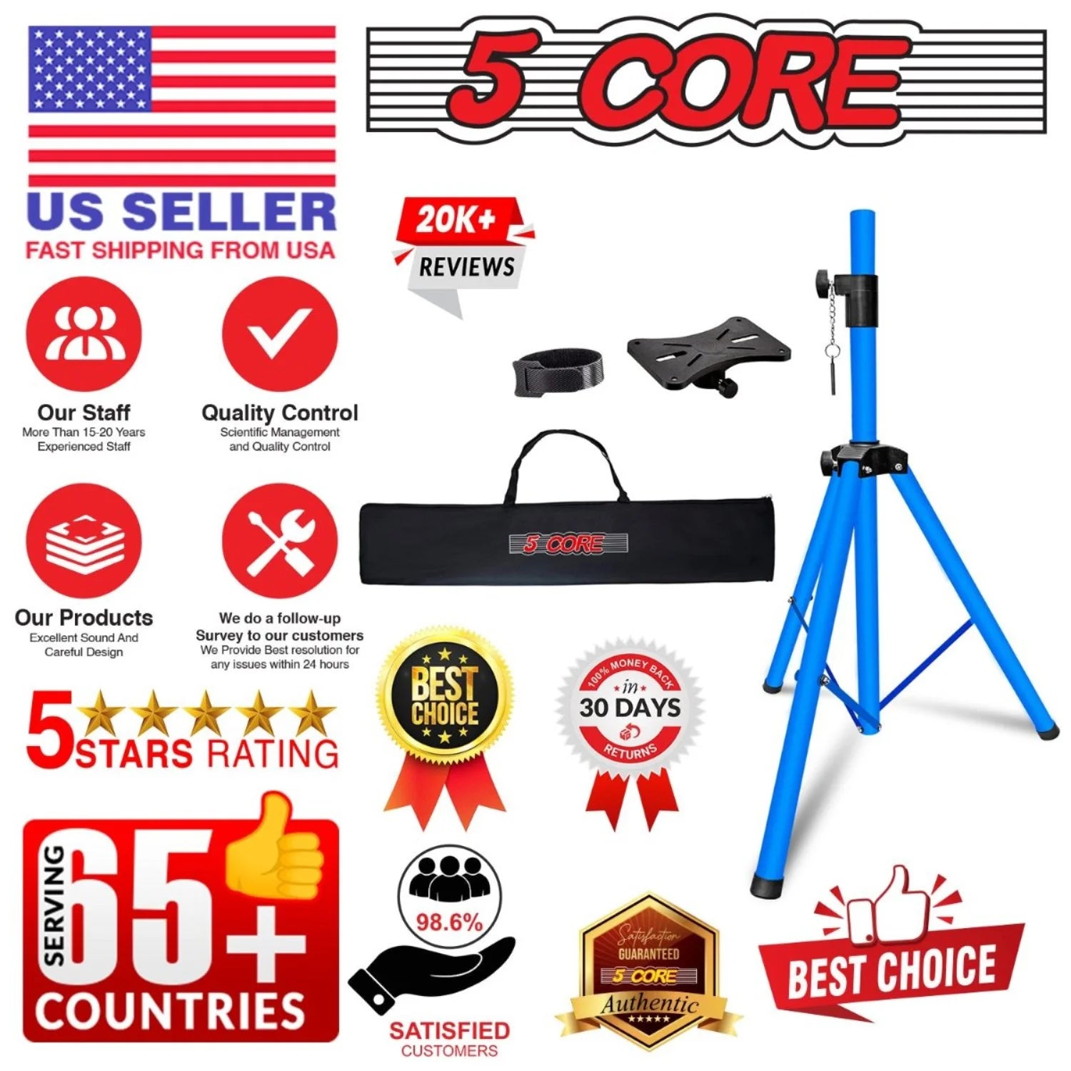 5 Core Speaker Stand Tripod Floor Adjustable up to 48 Inch DJ Studio Monitor Stands Pole Mount Pair SKY BLUE