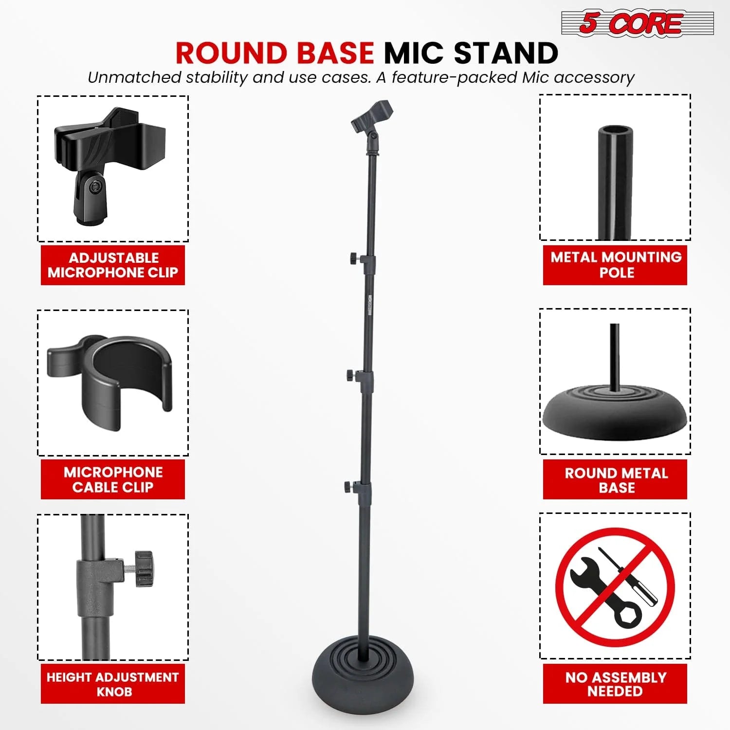 5Core Mic Stand Floor Adjustable Universal Heavy Duty Microphone Stands round Base Soporte De Micrófono