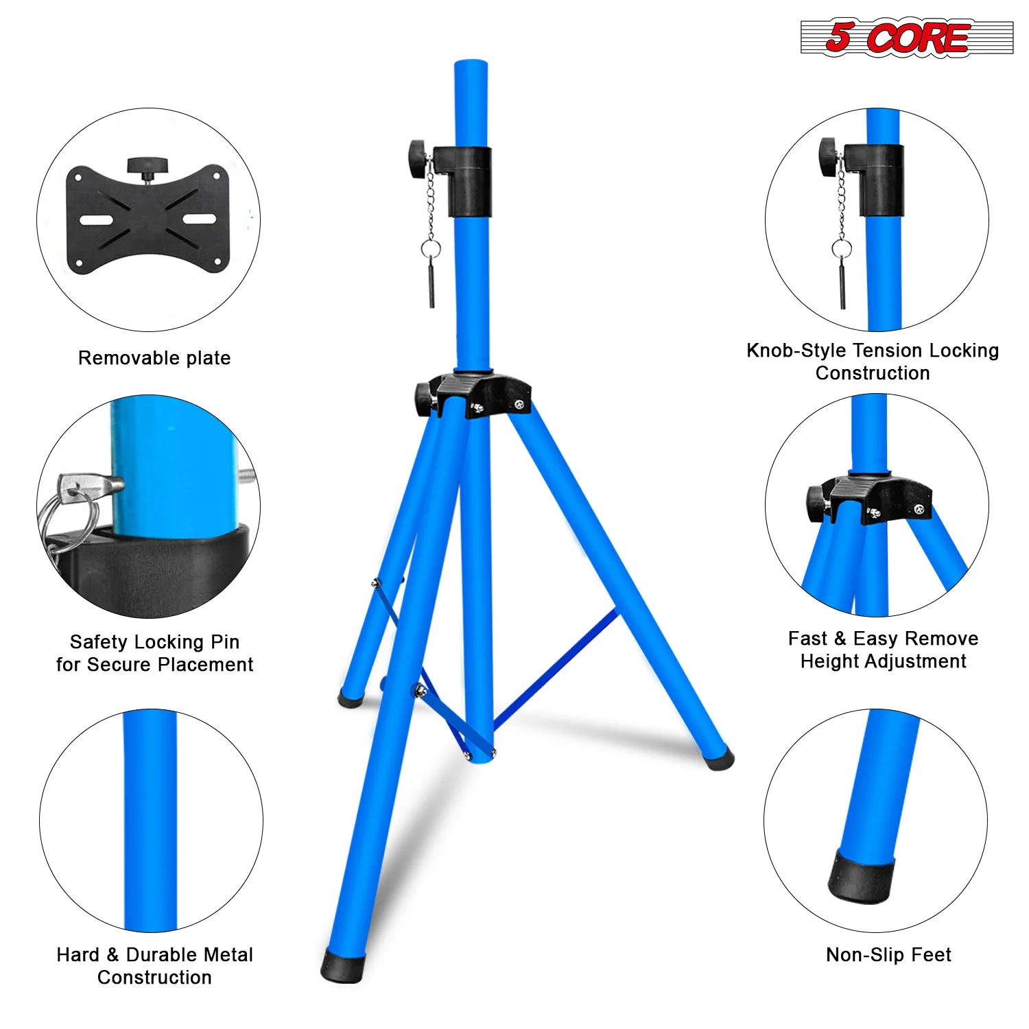 5 Core Speaker Stand Tripod Floor Adjustable up to 48 Inch DJ Studio Monitor Stands Pole Mount Pair SKY BLUE