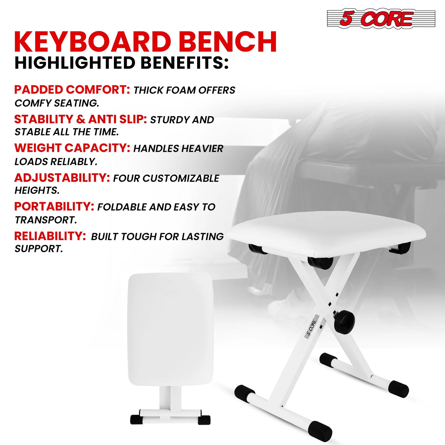 5 Core Keyboard Bench X Style Piano Stool Padded Adjustable Keyboards Chair