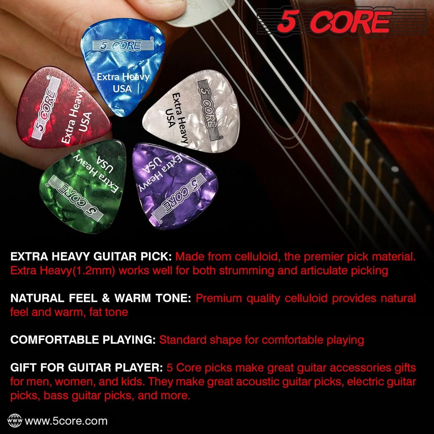 5Core Guitar Picks 1.2Mm Celluloid Extra Heavy Gauge Pick - Acoustic Electric Bass Guitars PURPLE