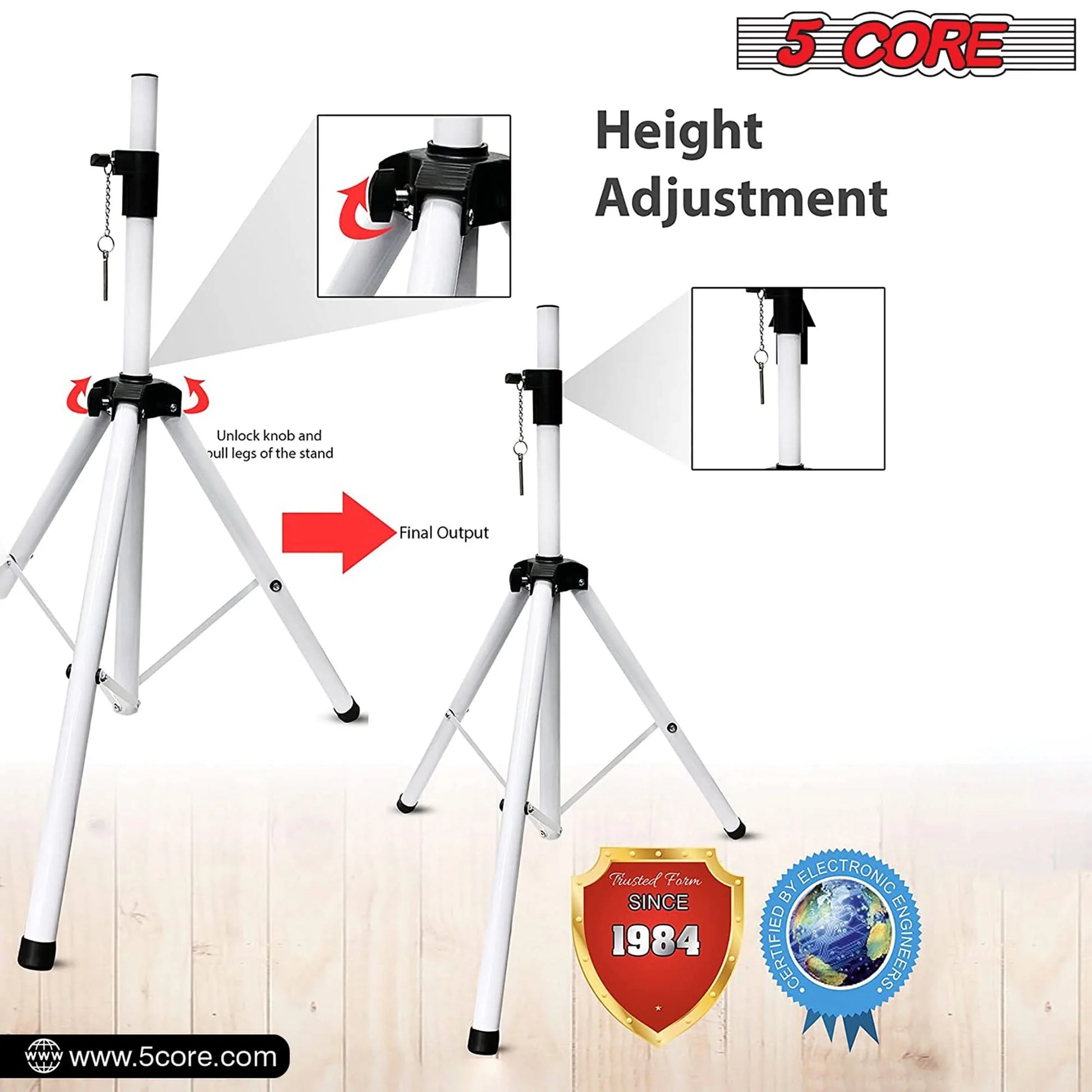 5Core Speaker Stand Tripod Tall Adjustable 72 Inch DJ Studio Monitor Stands Pole Mount WHITE