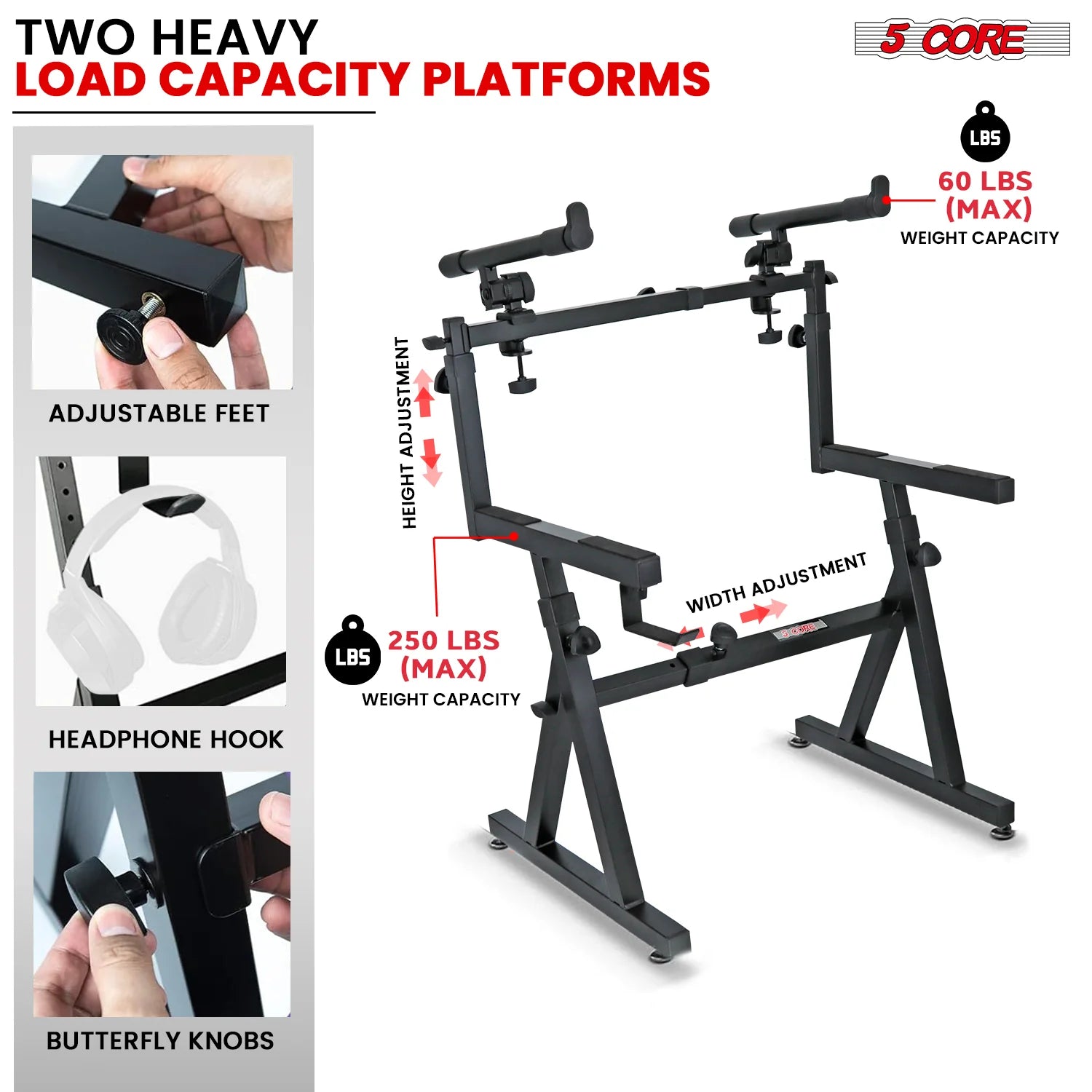 5Core 2 Tier Keyboard Stand Z Style Adjustable Heavy Duty Electric Piano Riser Holder