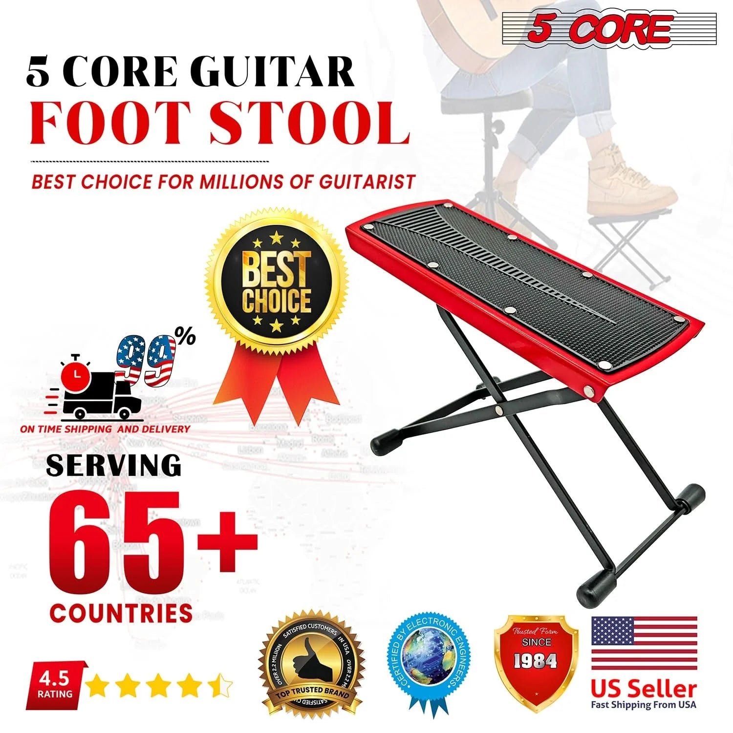 5Core Guitar Foot Stool Height Adjustable Folding Leg Rest Classical Footrest