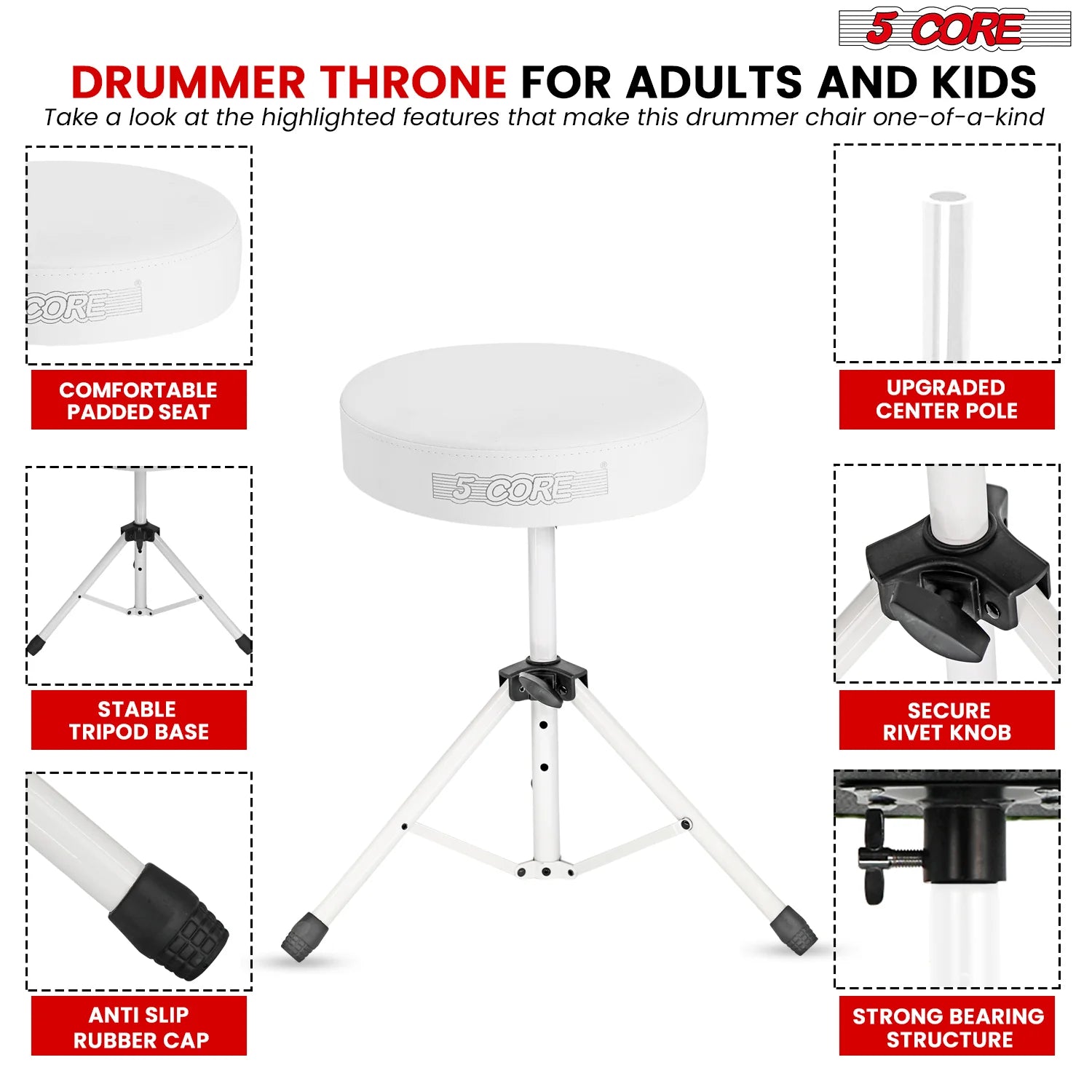 5Core Drum Throne Adjustable Guitar Stool Padded Drummer Seat for Adults & Kids WHITE