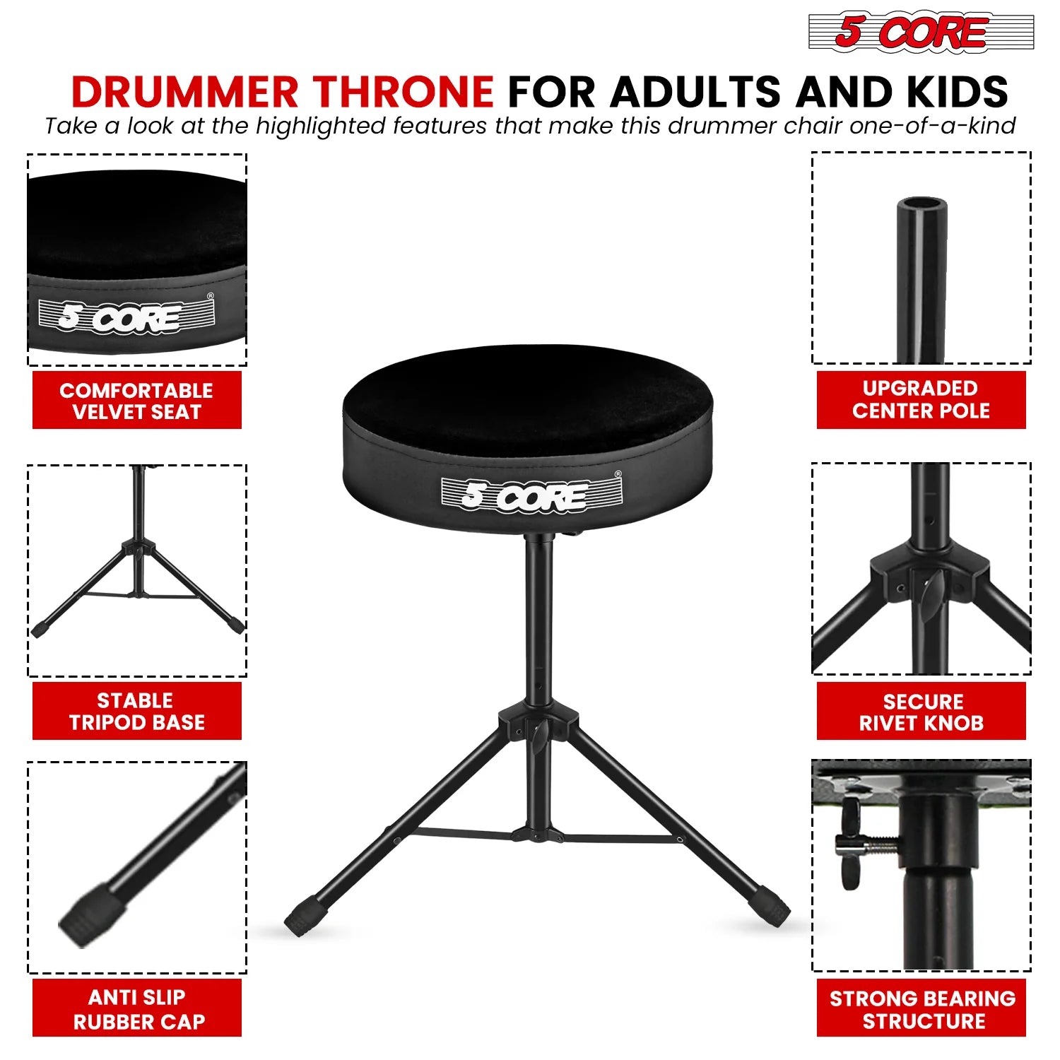 5Core Drum Throne Adjustable Guitar Stool Padded Drummer Seat for Adults & Kids VELVET BLACK