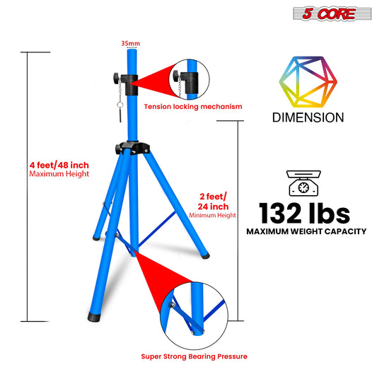 5 Core Speaker Stand Tripod Floor Adjustable up to 48 Inch DJ Studio Monitor Stands Pole Mount Pair SKY BLUE